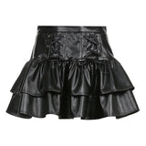 Gothic Bandage Pu Pleated Skirt Darl Black Leather High Waisted Mini Skirts Women 2021 Fashion Preppy Style