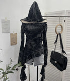 Fongt Shooting Niche Does Not Hit The Wasteland Hottie Wearing Hooded Holes Long Sleeves Irregular Ribbon Clothing 9297