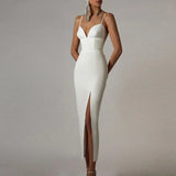 New Summer Women Bodycon Bandage Dress 2022 Sexy V Neck Spaghetti Strap Club Celebrity Evening Runway Party Maxi