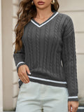 Fongt Women's Temperament V-Neck Long-Sleeved Sweater Fashion Jersey Thread White-Bordered Cuffs Knitted Top