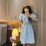 Puff Sleeve Dresses Women Bow Students Kawaii Y2k Summer Vestidos Basic Design Daily Stylish Young Preppy Sheer Retro