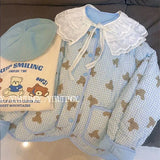 Preppy V-neck Quilted Parkas Cute Bear Full Printed Cartoon Sky Blue Warm Winter Jackets Female Students Kawaii
