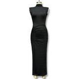 Fongt Autumn And Winter New Half-High Neckless Sleeveless Waist Folded Open Fork Long Dress