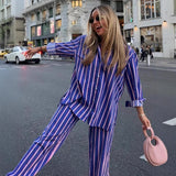 Fongt Women's Summer New Striped Loose Shirt Straight Trousers Set