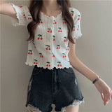 Cherry Short Sleeve T-Shirt Women's Summer Thin Ins Design Small High Waist Short-Sleeveed Knitted Jacket
