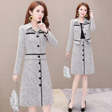 Plaid 2 Piece Dress Sets Spring Fall Elegant Long Sleeve Cropped Jacket Slim Ol Lapel Dresses Suits Oversize 4xl