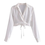 Spring New Women's Clothing Design Versatile Temperament Polo Long-sleeved Slim Silk Satin Texture Short Lace-up
