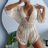 2025 Long-Sleeved Mesh Yarn Waist-Joined Swimsuit High-Waisted Print Rope Three-Piece