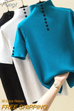 Summer Casual Knitted Button Sweater Women Turtleneck Short Sleeve Slim Solid Womens Sweaters Ladies Pullovers Tops