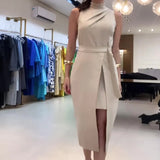 Fongt Summer Women's Solid Color Fashion Round Collar Pleated Slit Show Thin Dress-Outfit