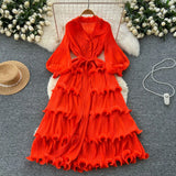 Fongt New Elegant Dress Spring Dress High-End Retro Collar Lantern Sleeves To Close Waist Lotus Leaves Side Pressure Skirt Dress Woman