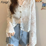 Women Lace Summer Sun-proof Simple Sexy Female Clothing Sheer Tops Preppy V-Neck Casual Trendy Harajuku Basic Korean