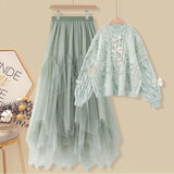 Winter Sets Women Long Sleeve Pullover Knitted Loose Sweater And Ruffles Patchwork Mesh Long Skirts Sets Korean Sweet