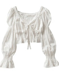 Pleated Lantern Long Sleeve Shirt For Women's 2022 Spring And Autumn New Vintage White Square Collar Blouse Tops