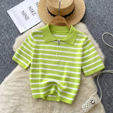 Fongt Knitted Women 2025 Summer South Korea Ins New Trendy Sleek Striped T-Shirt Women's Tops