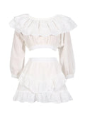 Fongt Spring Fashion New Elegant Lace Lotus Side Shoulder Shirt + Folded Skirt Suit