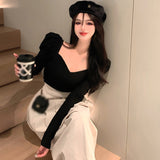 Women Off Shoulder Puff Ruffle Long Sleeve T Shirt Ladies Solid Casual Tops Solid Color-Outfit