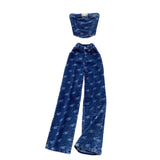 Fongt Style Metal Buckle Printing Design Chest Vest + High Waist Lanky Pants Cowboy Suit