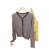 Gentle Little Gold Bean Buckle Hit Color V-Collar Knitted Cardigan Women's Spring Leisure Outfit Shows Thin Korean Style Coat-Outfit
