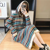 Folk Striped Knitted Dresses Female Clothing Casual Hooded Autumn Winter Commute Fashion Drawstring Straight Midi Dress-Outfit