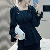 Shirring Beading Shirt Elegant Waist Square Collar Spring Autumn Women's Clothing Commute Basic Solid Color Folds Blouse-Outfit