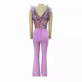 New Lien Embroidered V-Neckless Feathers Purple High Waisted Pantyhose Fashion Party