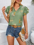 Fongt Independently Designed And Developed A New Casual Summer V-Neck Printed Lotus Leaf Sleeve Jacket-Outfit