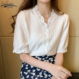 Lace with Button Lady's Top Short Sleeve Summer New Puff Sleeve White V-Collar Chiffon Blouse Slim Cardigan Shirts