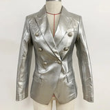 Fall Winter 2023 Designer Blazer Jacket Women's Lion Metal Buttons Double Breasted Synthetic Leather Blazer
