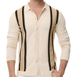 Fongt Men's Men's Spring Thin Knits Striped Splicing Business Long Sleeve Polo Shirts