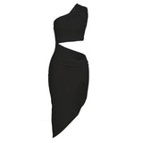 Fongt Summer New Women's Fashion Slanted Single Shoulder Hollow Solid Color Draw Folded Waist Dress