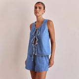Fongt Summer Fashion Casual Sleeveless With High-Rise Women's Vests Denim Set Shorts