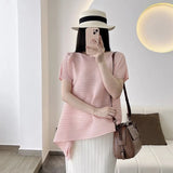 Fongt Folding Top Short Top Design Women's Niche Summer Asymmetrical Loose Large-Size Round Collar T Shirt Short Sleeve