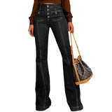 Fongt Spring And Summer Retro High-Waist Splicing Water Washing Denim Elastic Repair Trumpet Trousers Woman
