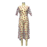 Fongt New Women's Love Lazy Round Neck Casual Loose Mesh Splicing Short Dress