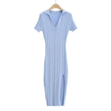 New Spring Temperament Slim Polo Neckline Elastic Knitted Short-Sleeved Side Forked Dress-Outfit