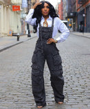 Fongt Women's Loose-Fitting Denim Slings Women's Spring Street Fashion Multi-Pocket Jumpsuits