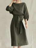 Dress Women 2023 New Cotton Linen Solid Lace Up Casual Oversize O Neck Chic Long Sleeve Midi Dresses for Women with Belt-Outfit