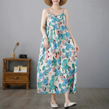 Fongt Summer New Literary And Art Large Print Cotton Dress Women's National Style Sleeveless Slings Long