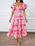 Fongt New Temperament Collar Print Pony Dress Bubble Sleeve Dress Woman