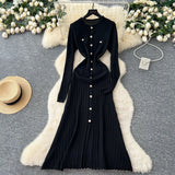 Fongt Small Fragrant High-Grade Metal Buckle Waist Dress Women 2025 Autumn Thin Temperament Hollow Knitted Long Dress