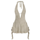 Fongt Wasteland Terrefty Hanging Neck Irregular Strapped Ribbon Dress Hottie Deep V-Leader Old Short Dress