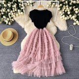 Fongt Luxury High-End Dress Women's Summer Mesh Stitching Design Feel Waist Thin Super Fairy Long Dress