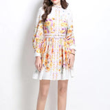 Fongt Elegant High-End Dress Woman 2025 New Collar Lantern Sleeve Buckle Waist Print Dress