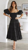 Fongt Summer New Bubble Sleeve Holiday Show Skinny Dress Babes High-Waisted Shoulder-Print Dress Dress Woman