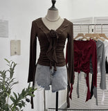 Han's New V-Neck Flower Irregular Lotus Leaf Edge Ribbon Slim Thin T-Shirt Short Top