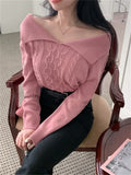 New 2022 Chic Korean Fashion Off Shoulder Sweater Knitted Women Autumn Winter Elegant Lady Short Pink Tops