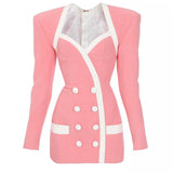 QUALITY Newest Fall Winter 2023 Designer Dress Women's Extra Shoulder Long Sleeve Double Breasted Color Block Mini