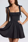 Fongt Summer New Women's Fashion Collar High Waist Folded Splicing Bow Sling Dress