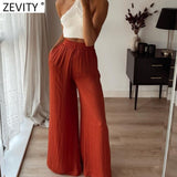 Women Fashion Solid Color Pleats Wide Leg Pants Female Chic Elastic Waist Side Pockets Casual Summer Long Trousers